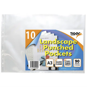 Tiger A3 Pack 10 Landscape Punched Pockets 90mic 10 Pack
