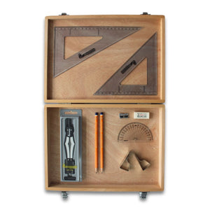 Wooden Box with 2 Part Compass, Clips & SG Set Square (0 at Edge)