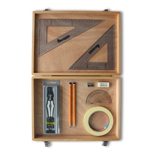 Wooden Box with 2 Part Compass, Tape & SG Set Square (0 at Edge)