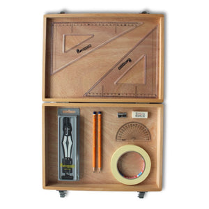 Wooden Box with 2 Part Compass, Tape & SG Set Square