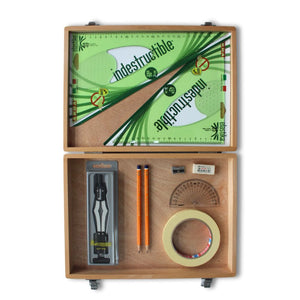 Wooden Box with 2 Part Compass, Tape & Elastika Set Square