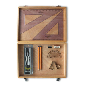 Wooden Box with 2 Part Compass, Clips & Faber Castell Set Square