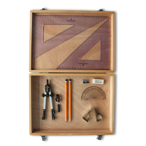 Wooden Box with Pen Holder Compass, Clips & Faber Castell Set Square