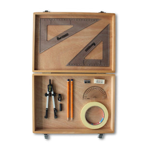 Wooden Box with Pen Holder Compass, Tape & SG Set Square (0 at Edge)