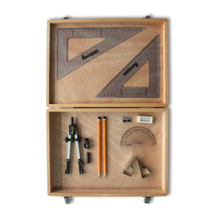 Wooden Box with Pen Holder Compass, Clips & Set Square Set Square (0 at Edge)