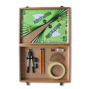 Wooden Box with Pen Holder Compass, Tape & Elastika Set Square