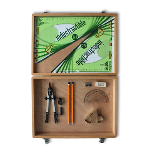Wooden Box with Pen Holder Compass, Clips & Elastika Set Square