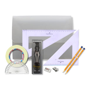 Strong Poly Box with 2 Part Compass, Tape & Faber Castell Set Square