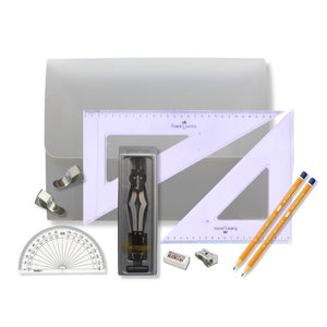 Strong Poly Box with 2 Part Compass, Clips & Faber Castell Set Square