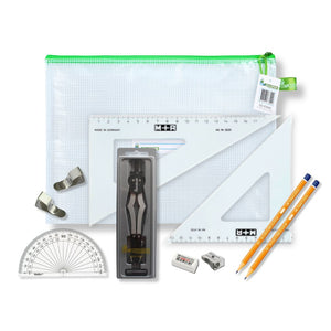 Pouch Bag with 2 Part Compass, Clips & SG Set Square (0 at Edge)
