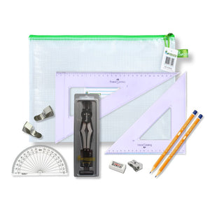 Pouch Bag with 2 Part Compass, Clips & Faber Castell Square