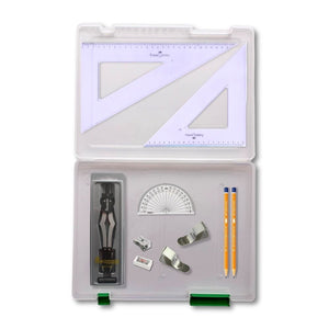 Tuff Box with 2 Part Compass, Clips & Faber Castell Set Square