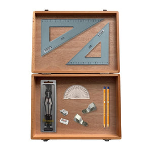 SG Education Wooden Box with 2 Part Compass, Clips & Uni Set Square SG Education